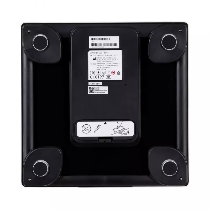Elektronische Personenwaage Omron VIVA – quadratisch, schwarz, max. 150 kg, 100 g Genauigkeit, Körperfett/BMI/BMR, 30-Benutzer-Speicher