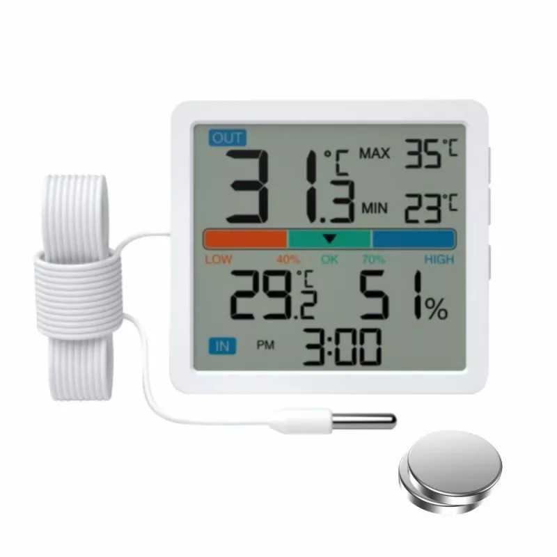 Thermometer‑Hygrometer MANTA MTO002W mit Außensensor (150 cm), innen 0–+50°C, außen -40–+70°C, Luftfeuchtigkeit 20–95% RH, Komfortindikator, Uhr