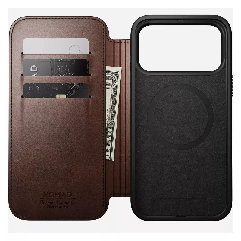 Nomad Modern Leather Folio Handyhülle Cover für iPhone 17 Pro Max — Braun, Leder, 6,3 Zoll Bildschirm, 4 Kartenfächer