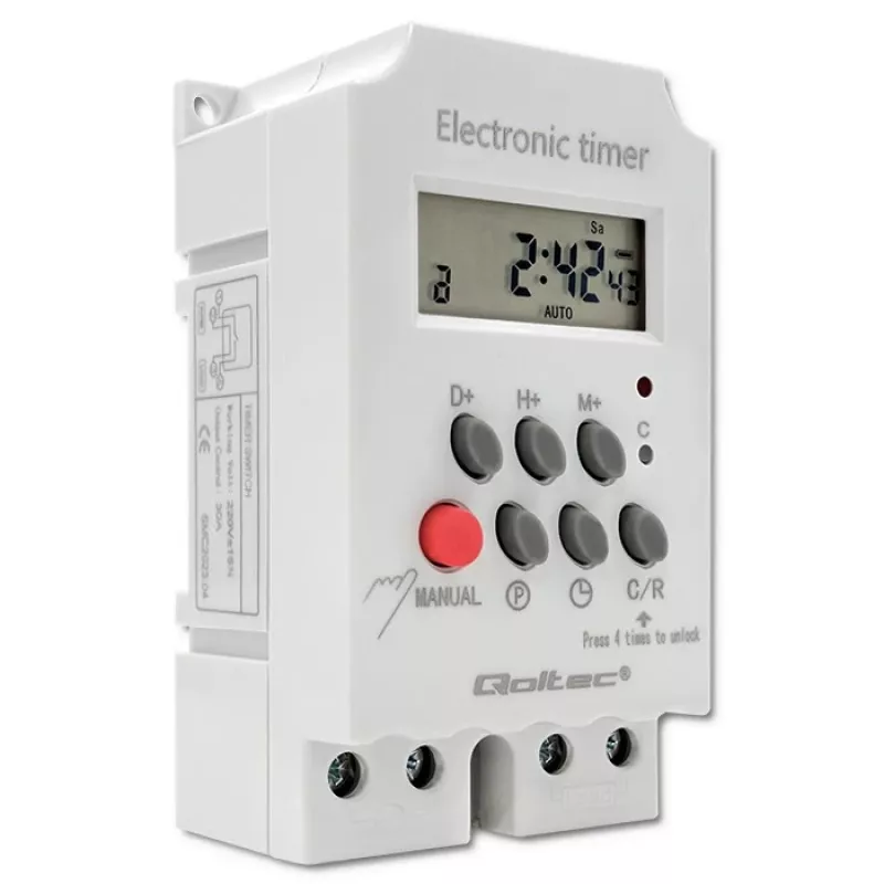 Elektronischer DIN-Schienen-Zeitschalter QOLTEC PC0629 — 24V Versorgung, 16A Ausgang