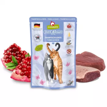 Nassfutter für Katzen Fox4Pets DeliCATessen Thunfisch und Ente 85 g Beutel, vollständiges getreidefreies Futter für ausgewachsene Katzen