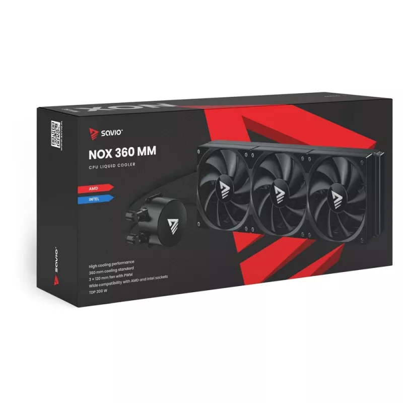 Flüssigkeitskühlungsset SAVIO NOX 360 mm (3×120-mm-Lüfter, Kupferboden, Aluminium-Radiator) Schwarz, 600–1800 U/min
