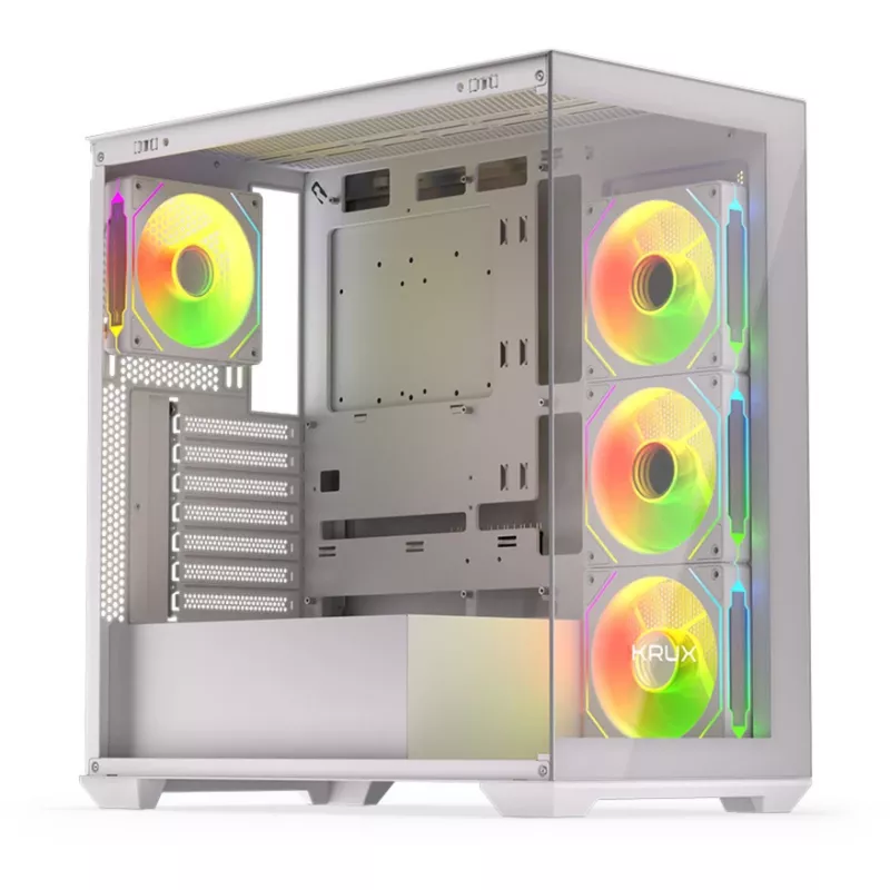 PC-Gehäuse KRUX Exo RGB White — ATX-Tower, Stahl, 2x3,5 Zoll + 2x2,5 Zoll Einschübe, USB-C, RGB