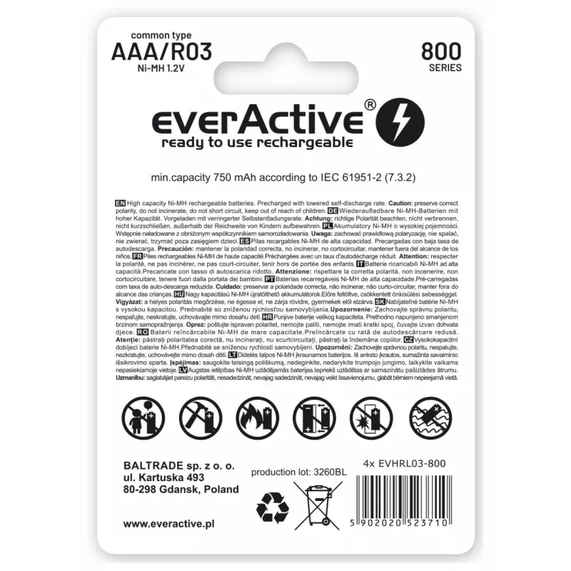 Wiederaufladbare AAA NiMH-Batterien everActive EVHRL03-800 – 1,2 V, 4 Stück, zylindrisch 44,5×10,5 mm