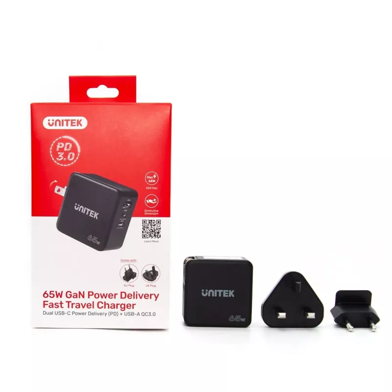 Unitek P1117B USB-C PD 65W Universelles Mobil-Ladegerät, 2x USB‑C PD + 1x USB‑A, Schwarz