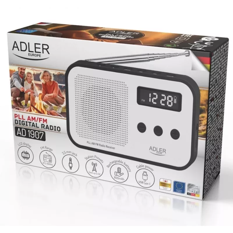 Tragbares Digitalradio Adler AD 1907 — UKW/MW, digitaler Tuner, Wecker, USB-C, 600 mAh Akku, LCD, 20 Senderspeicher, Teleskopantenne