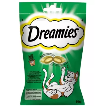 Katzenleckerlis Dreamies mit Katzenminze 60 g – knusprige, mundgerechte Fleischsnacks, 22 % Protein, 22 % Fett, 2 % Rohfaser