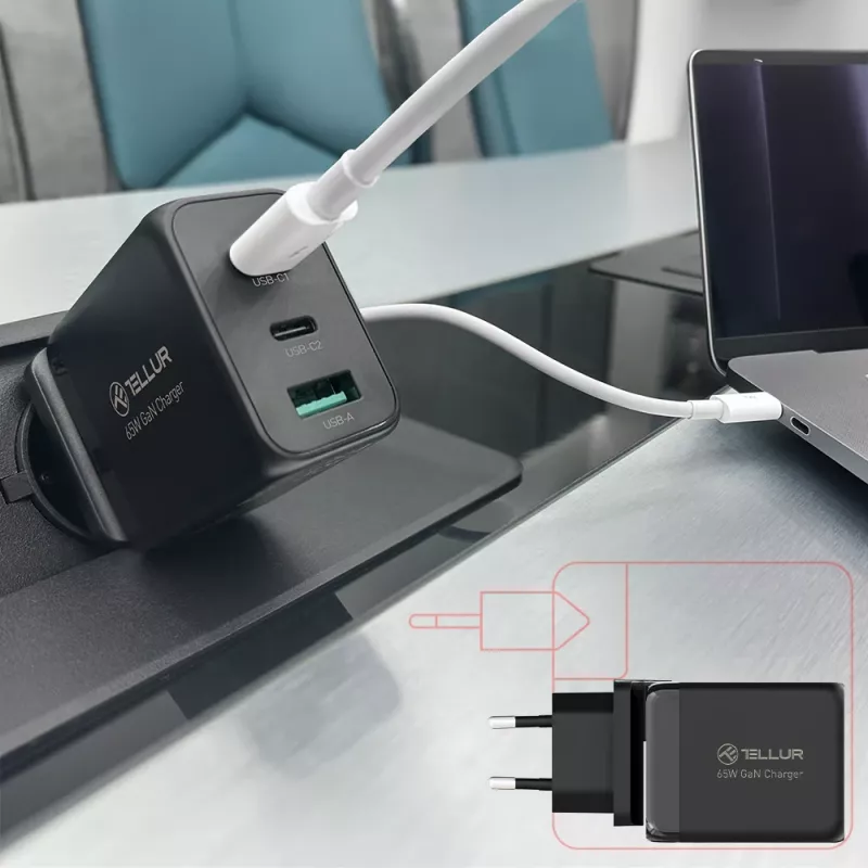 Wandladegerät Tellur TLL151451 65W, 3-Port (2x USB-C, 1x USB-A)