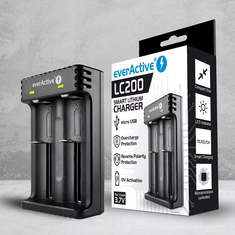 Batterieladegerät everActive LC200 Haushalt USB, 2-Schacht, Li-Ion, unterstützt A/AA/AAA/AAAA/C/D, 5 V Eingang, 4,2 V Ausgang, schwarz