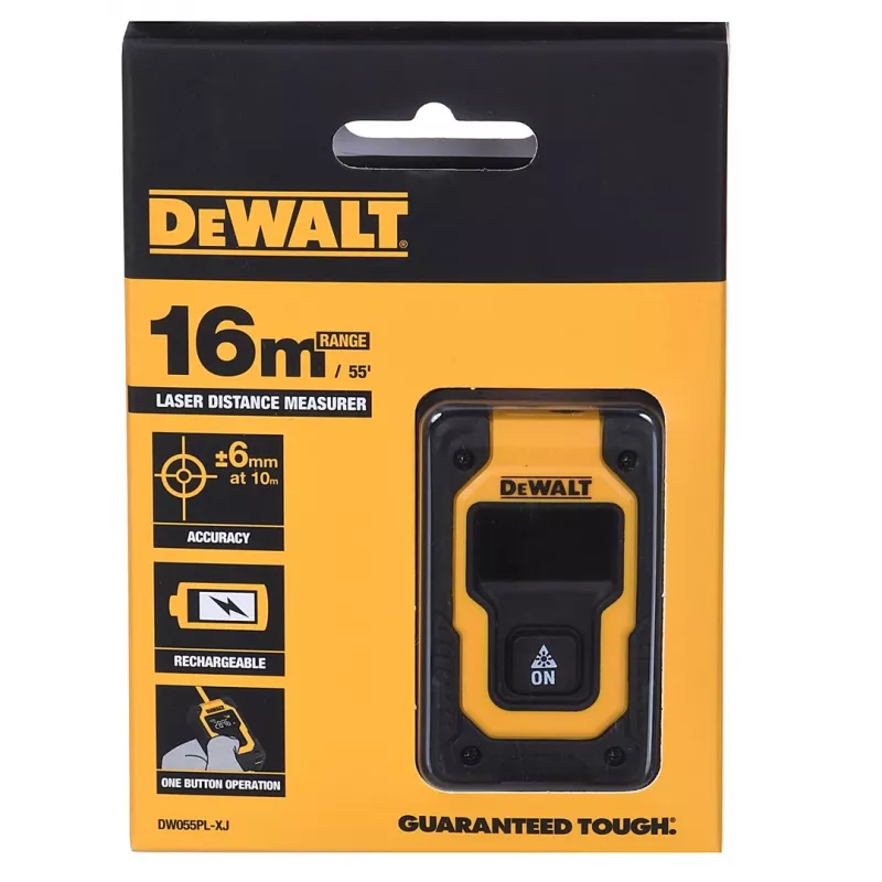 Laser-Entfernungsmesser DeWalt DW055PL-XJ, Reichweite 0–16 m, Genauigkeit ±6 mm, 3,7V-Akku, USB-Kabel