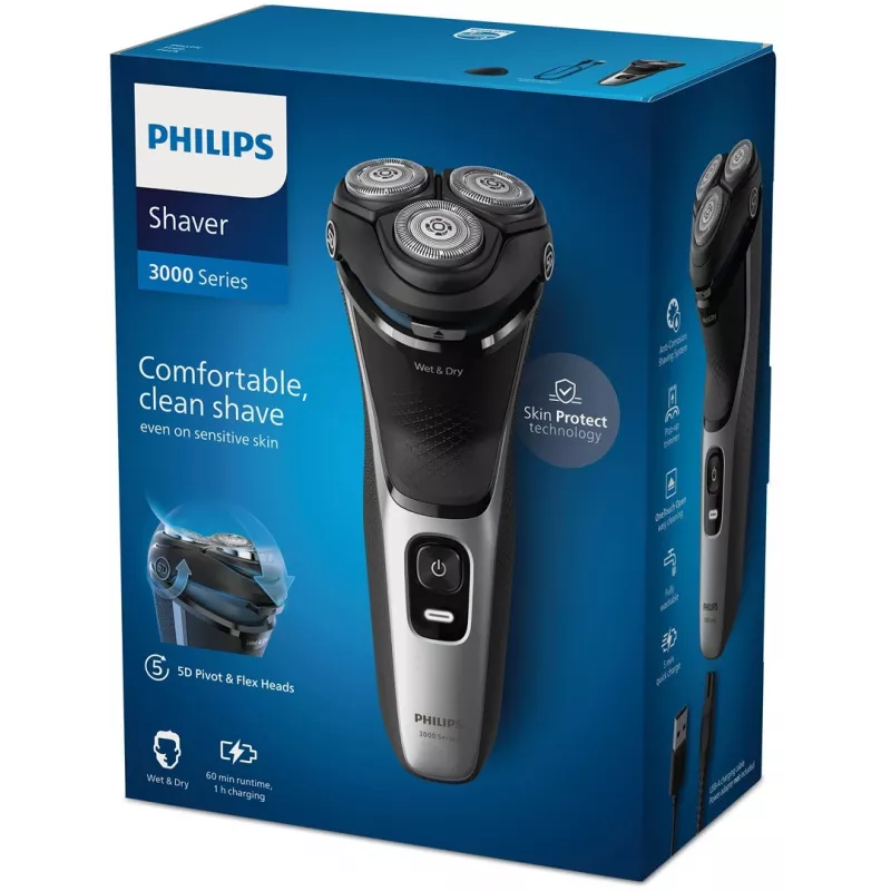 Elektrorasierer Philips 3000 Serie S3143/00 — 3-Kopf-Rotationssystem, Nass & Trocken, Li-Ion, 60 Minuten Laufzeit