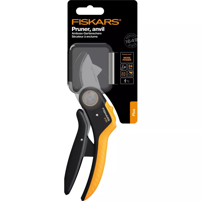 Astschere Fiskars Plus PowerLever Amboss Schwarz Orange