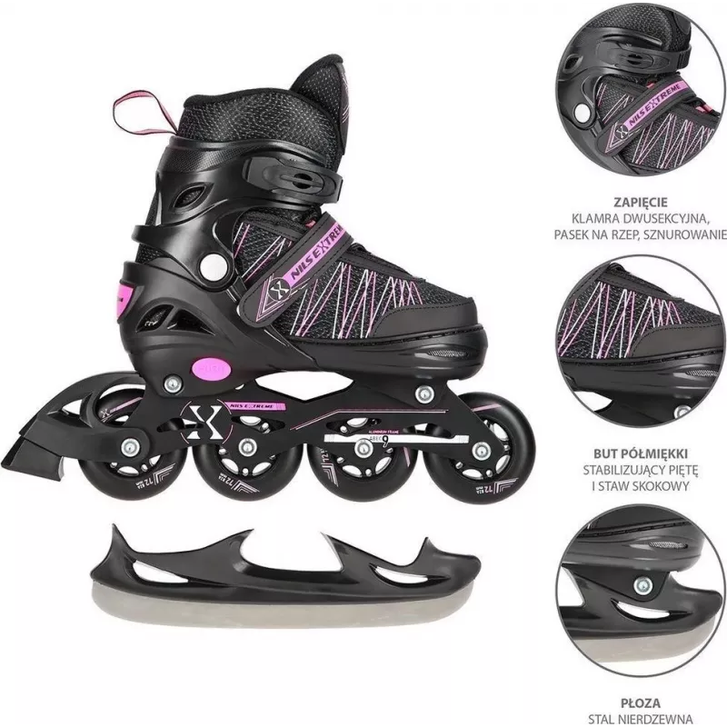 Nils Extreme NH11912 A 2IN1 Skates SCHWARZ/PINK GR. S (31-34) mit austauschbaren Hockeyskates