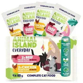 ANIMAL ISLAND Everyday Hähnchen- und Rindfleischfilets in Brühe - Nassfutter für Katzen - 4 x 85 g