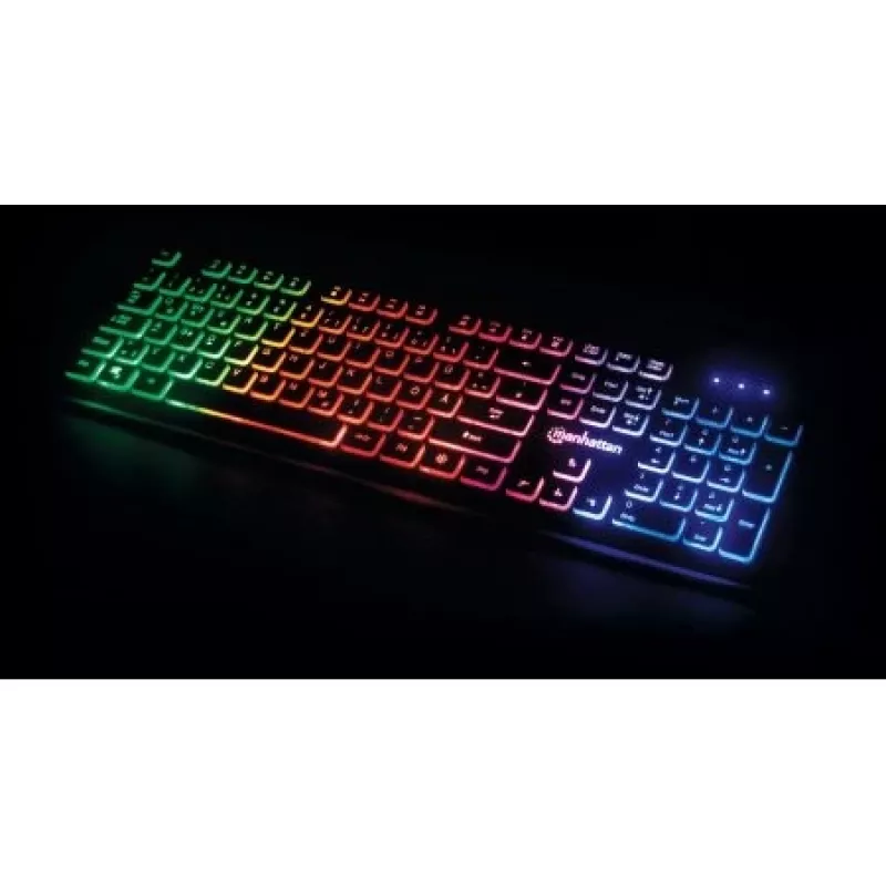 Manhattan Gaming USB-Tastatur, Low Force Key Edition, 12 Multimediatasten, Rainbow-LED-Hintergrundbeleuchtung, USB-A, Schwarz, Retail Box (deutsches Layout)