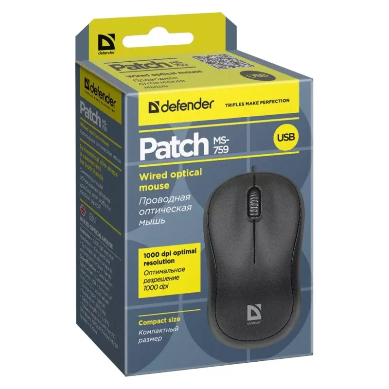 Kabelgebundene optische Maus DEFENDER PATCH MS-759 USB Typ-A, beidhändig, 1000 DPI, schwarz