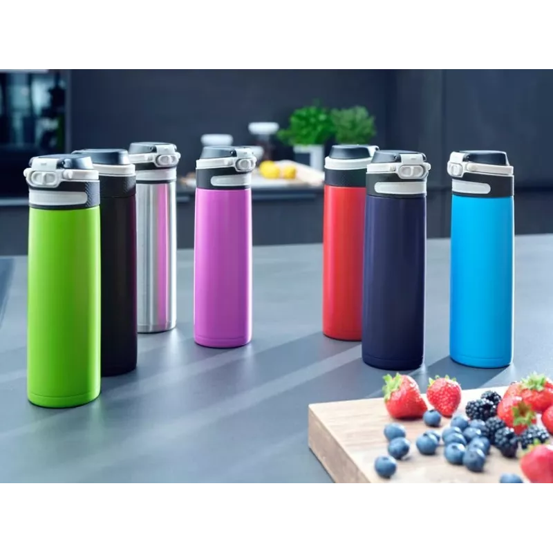 Reisebecher Leifheit 03275 600 ml Edelstahl, doppelwandig, auslaufsicher, Klappdeckel, Griff, schwarz/blau