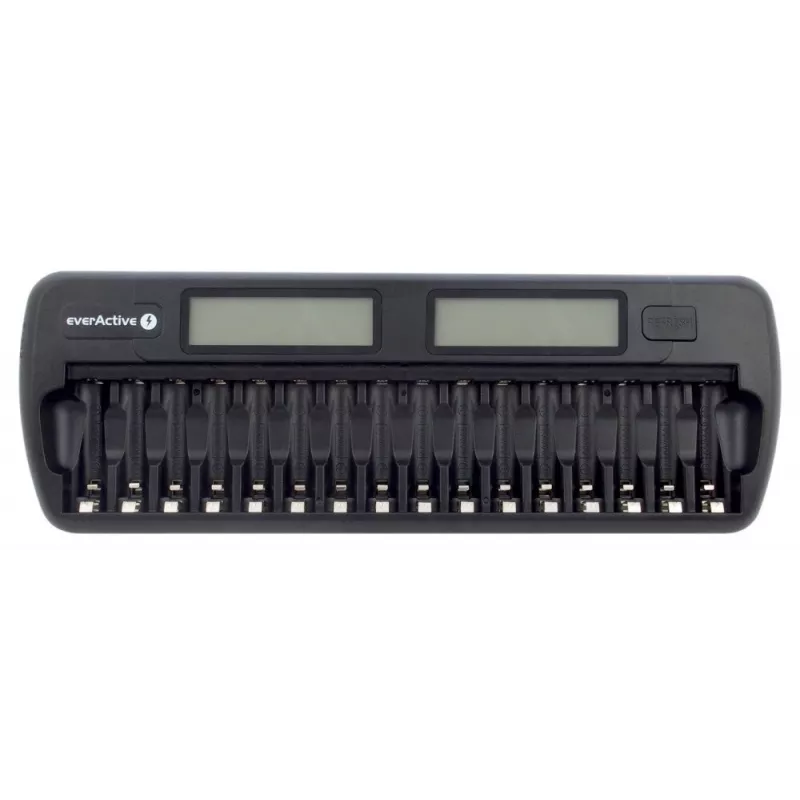 Batterieladegerät everActive NC-1600 — universelles DC-Ladegerät für Li-Ion, unterstützt 16 Zellen, kompatible Größen AA/AAA/C, schwarz, AC 100–240V 50–60Hz