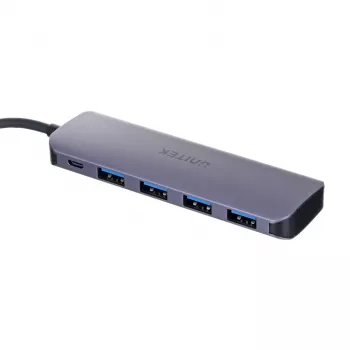 USB-Hub Unitek P5+ — 5 Ports (4 × USB 3.2 Gen 2 Typ-A), USB 3.2 Gen 1 Host, 5 Gbit/s, 10 W PD, Aluminium, Grau