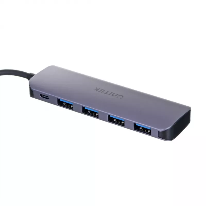 USB-Hub Unitek P5+ — 5 Ports (4 × USB 3.2 Gen 2 Typ-A), USB 3.2 Gen 1 Host, 5 Gbit/s, 10 W PD, Aluminium, Grau