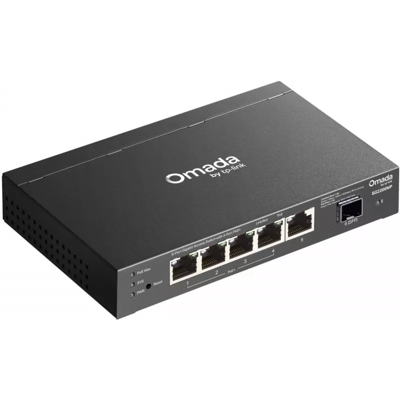 Netzwerk-Switch TP‑LINK SG2206MP L2 Gigabit Ethernet PoE 5‑Port (5x Gigabit, 1x SFP, PoE+ 4 Ports, 63W Budget)