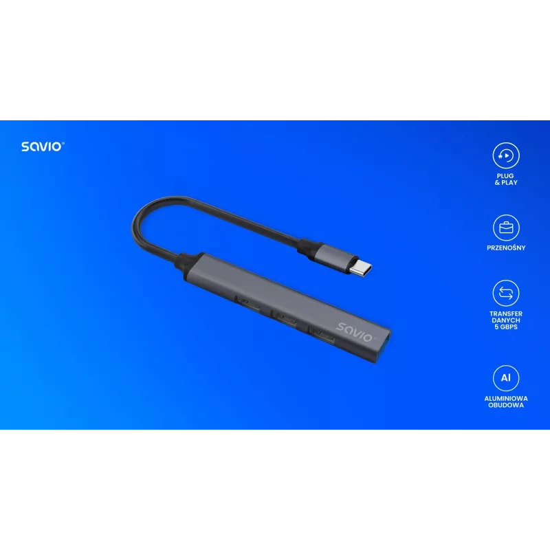 USB 3.0 4-Port Schnittstellen-Hub SAVIO AK-71 mit USB-C Host, 5000 Mbit/s, 2 Jahre Garantie