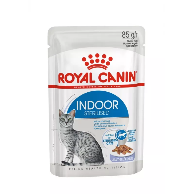 Nassfutter für Katzen Royal Canin Indoor Sterilized 85 g Beutel — ausgewachsene kastrierte Wohnungskatzen, Geflügelgeschmack, Packung 12 x 85 g