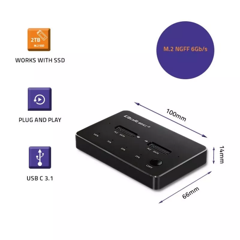 Qoltec 50310 Drive Docking Station 2x SSD M.2 SATA NGFF USB Typ C
