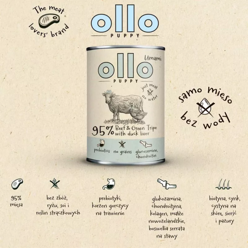 OLLO Puppy Umami Rind und grüne Pansen mit Entenleber - Nassfutter für Hunde - 400g
