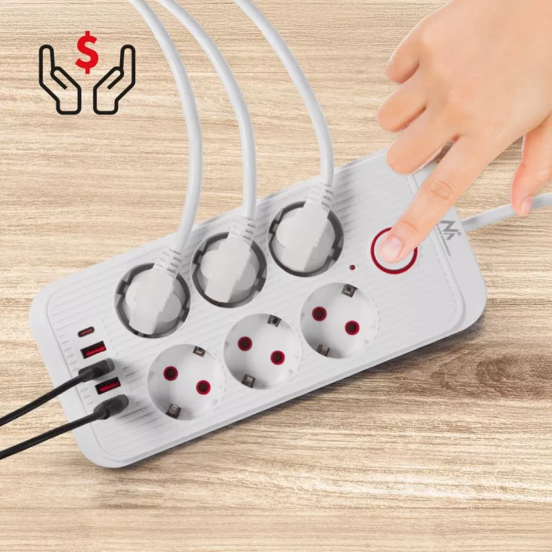 Steckdosenleiste MACLEAN MCE391 W — 6 Steckdosen, 4×USB-A + 1×USB-C, 3 m Kabel, 110–240 V, 2500 W, weiß