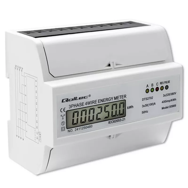 Qoltec Dreiphasen-Bidirektionaler Elektronischer Zähler | DIN-Schienen-Energieverbrauchszähler | 400V | 100A | LCD | 4P