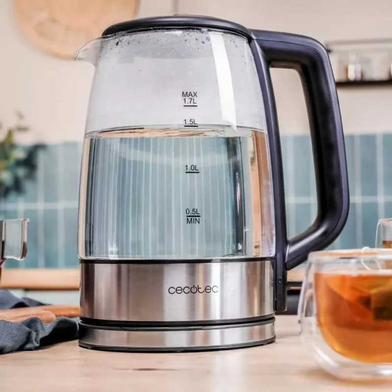 Cecotec Wasserkocher | ThermoSense 340 Clear | Elektrisch | 2200 W | 1,7 L | Glas | 360° drehbare Basis | Klar