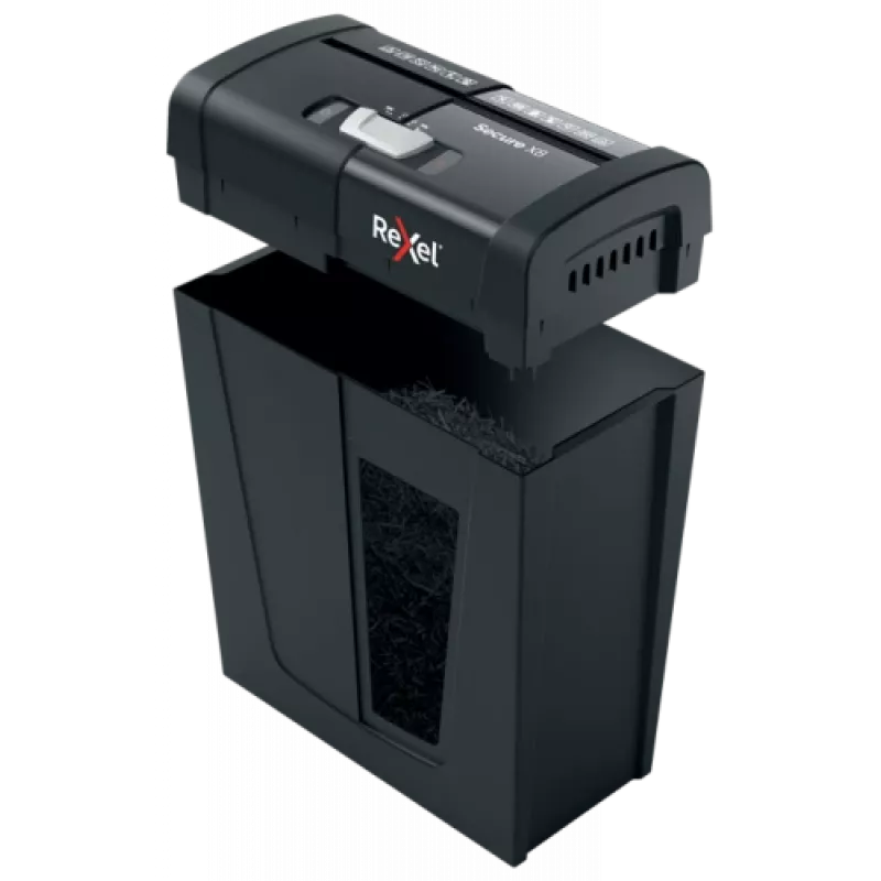 Aktenvernichter REXEL Secure X8 — Kreuzschnitt P-4, 4x40 mm, Kapazität 8 Blatt, 14 l Auffangbehälter, schwarz