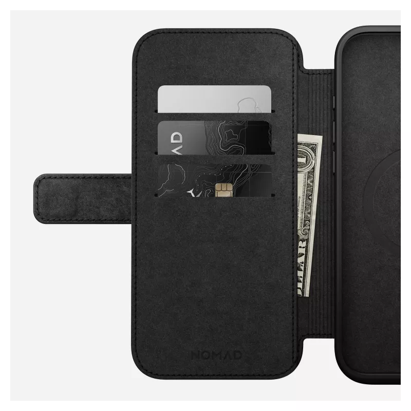Folio-Handyhülle Nomad NM01675785 für Apple-Handys, passend für bis zu 17,5 cm (6,9 Zoll), Schwarz, 3 Kartenfächer, Tischaufsteller