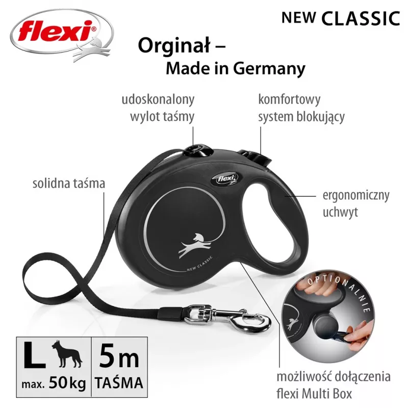Rollleine Flexi New Classic L 5 m Schwarz – Leine, für große Hunderassen (25–45 kg), max. Belastung 50 kg