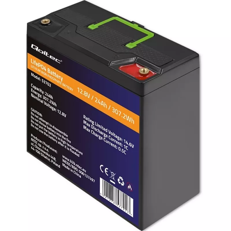 Qoltec 53702 LiFePO4 Lithium-Eisenphosphat-Akku | 12,8V | 24Ah | 307,2Wh | BMS
