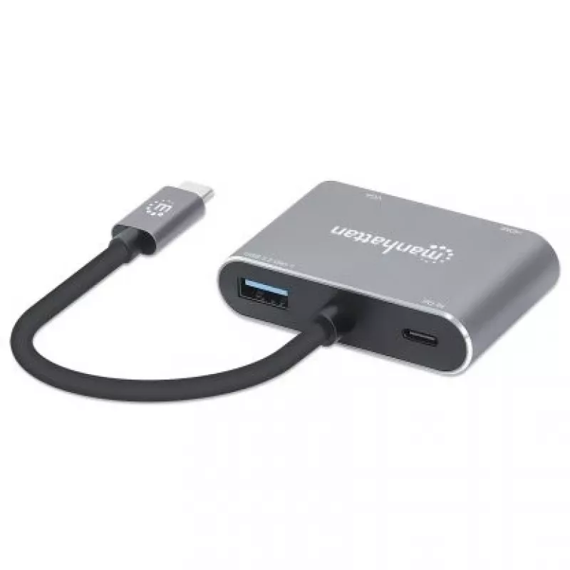 Manhattan USB-C Dock/Hub, Anschlüsse (x4): HDMI, USB-A, USB-C und VGA, mit Power Delivery (PD) 87W – externes USB-C-Ladegerät erforderlich (nicht im Lieferumfang). USB-betrieben (kein externes Netzteil erforderlich), wenn PD nicht verwendet wird, Aluminium