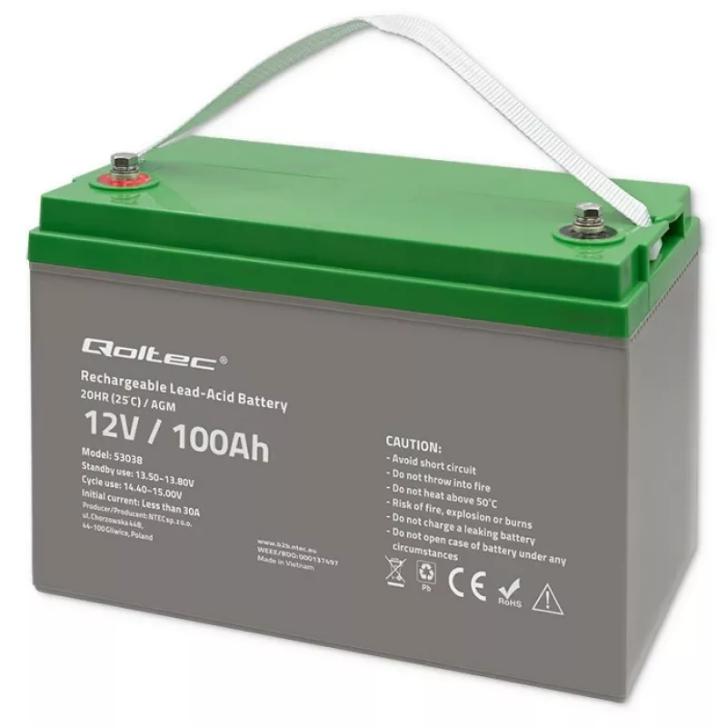 Qoltec 53038 AGM-Batterie | 12V | 100Ah | max 1200A