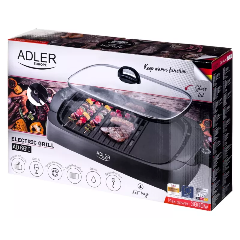 Tisch-Elektrogrill Adler AD 6610, 3000 W, schwarz, rechteckige Dual-Zonen-Rost+Platte