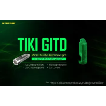 Schlüsselanhänger-Taschenlampe Nitecore TIKI GITD Grau — USB wiederaufladbar, 1 lm, 55 mm, 12 g, IP66
