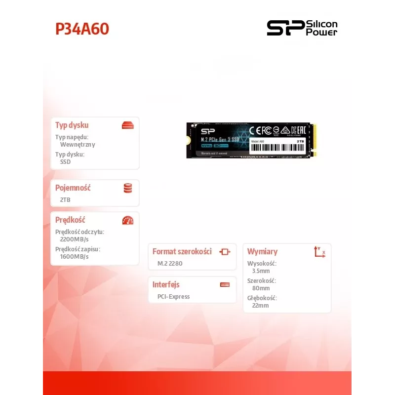 SSD M.2 NVMe Silicon Power P34A60 2 TB, PCIe 3.0 x4, Lesen 2200 MB/s, Schreiben 1600 MB/s