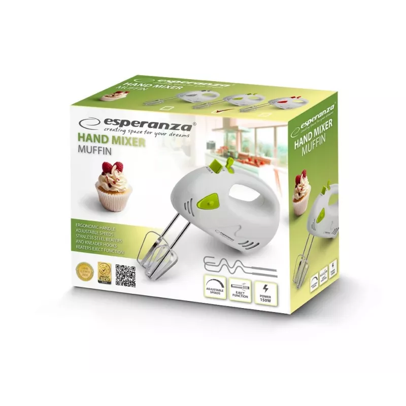 Handmixer ESPERANZA EKM007G — 150 W, 7 Geschwindigkeiten, Schneebesen, ergonomischer Griff, 1,1 m Kabel, grün/weiß