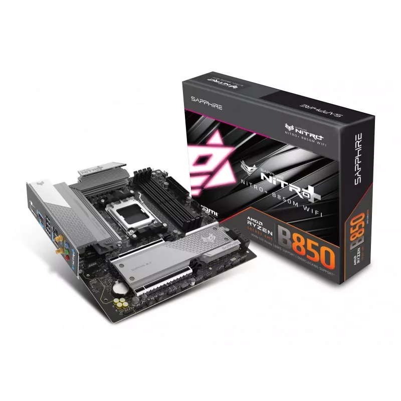 Motherboard Sapphire NITRO+ B850M WIFI — AMD B850, Sockel AM5, micro ATX, DDR5, 4x DIMM, Wi‑Fi 6, 2,5Gb LAN, 2x M.2