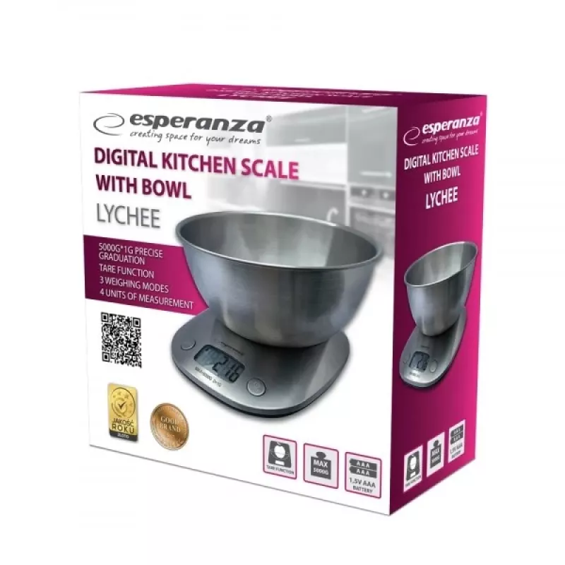 Elektronische Küchenwaage ESPERANZA LYCHEE – 5 kg Kapazität, 1 g Genauigkeit, Edelstahlschüssel 21 L