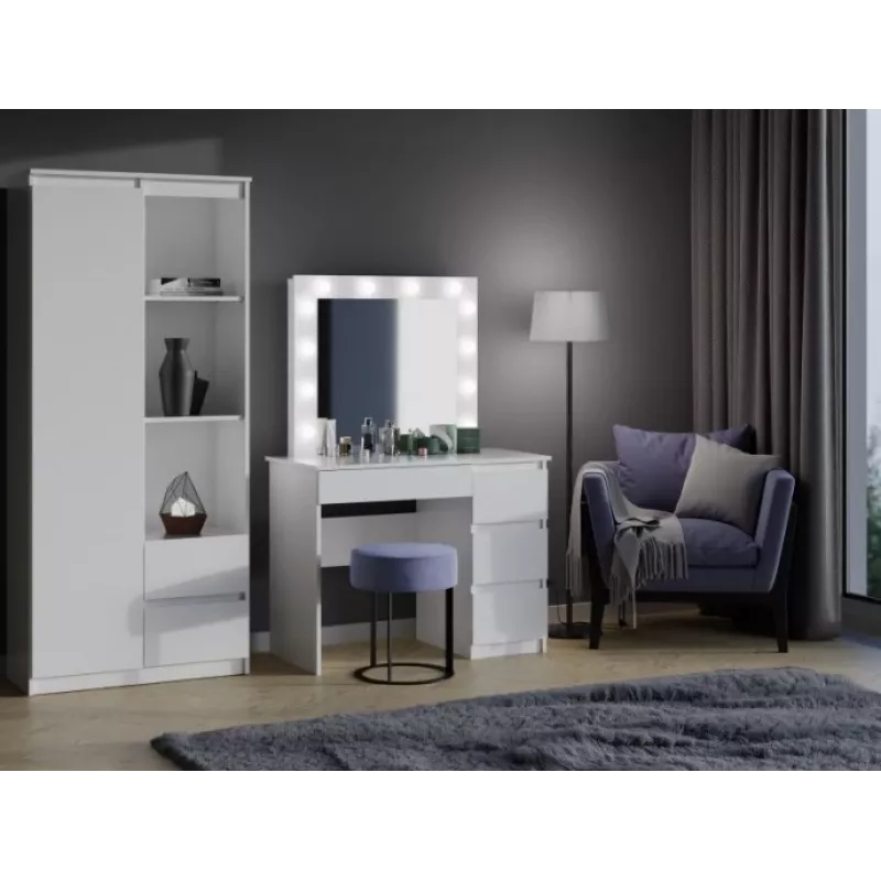 Schminktisch-Set MIJAS, rechtsseitig, top e shop — Tisch 98×76×51 cm, 4 Schubladen, LED-Spiegel, weiß, Höhe 1460 mm