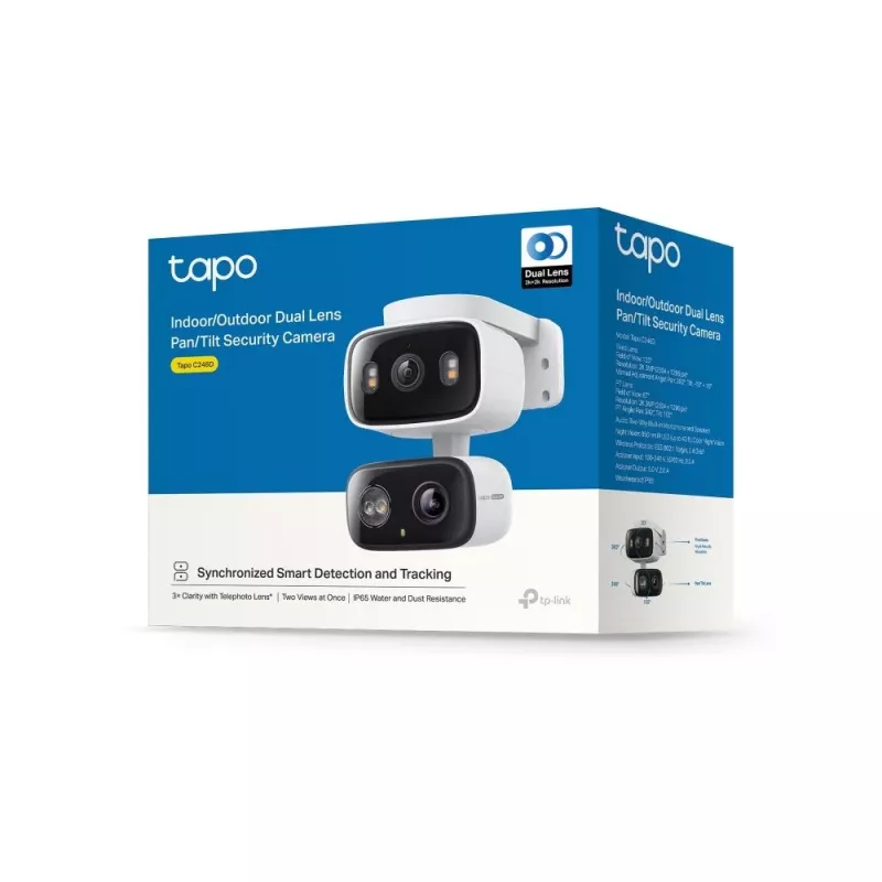 IP-Sicherheitskamera TP‑LINK Tapo C246D — 3MP (2304×1296), 2,8 mm, 107,8° Sichtfeld, PTZ-Dualobjektiv, IP65, Wi‑Fi/Gigabit, microSD bis 512 GB