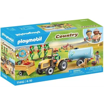 Playmobil 71442 Country: Traktor mit Anhänger und Wassertank – Frische Ernte auf dem Bauernhof – Spielerisch die Umwelt kennenlernen – Fantasievolles Rollenspiel