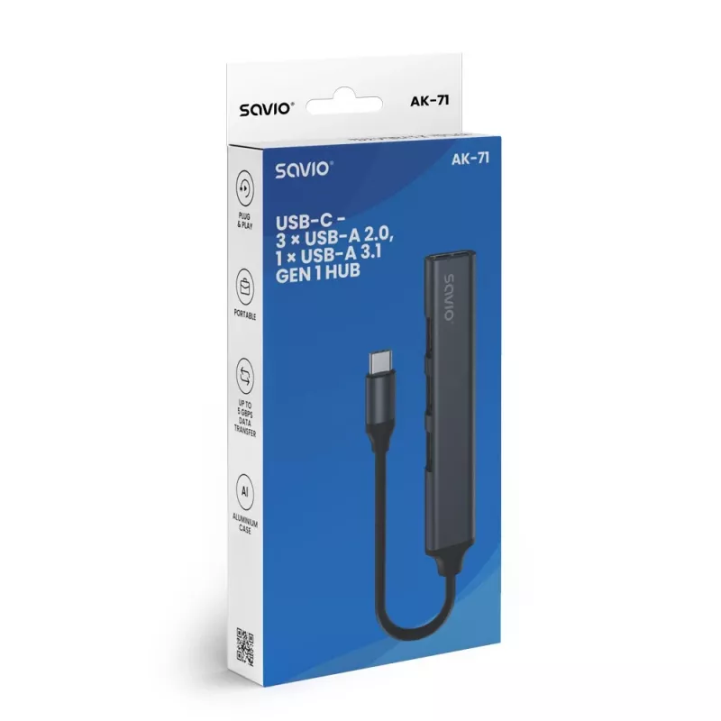 USB 3.0 4-Port Schnittstellen-Hub SAVIO AK-71 mit USB-C Host, 5000 Mbit/s, 2 Jahre Garantie