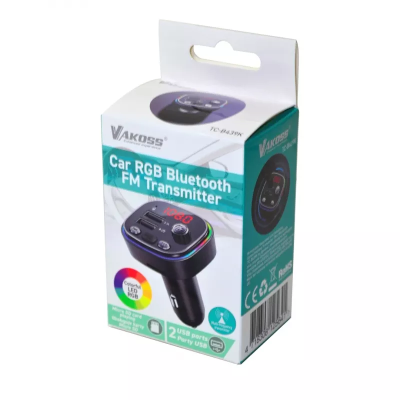 FM-Transmitter VAKOSS TC-B439K Bluetooth USB, 87,5–108 MHz, microSD/USB-Wiedergabe, 5V/3,1A Ausgang, RGB-Anzeige