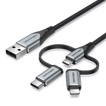 Vention USB 2.0 A Stecker auf 3-in-1 Micro-B&USB-C&Lightning Stecker Kabel 1M Grau Aluminiumlegierung